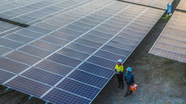 Two workers chat amid solar panels in a solar plant in Indonesia. 