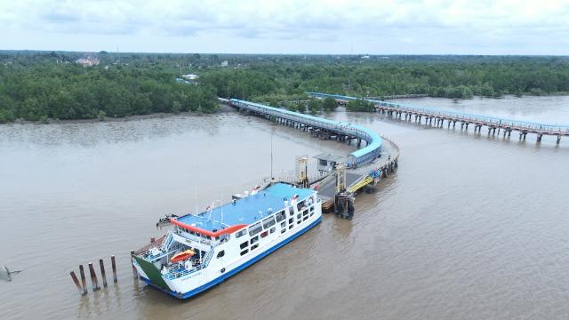 A ro-ro ferry docked at a port.